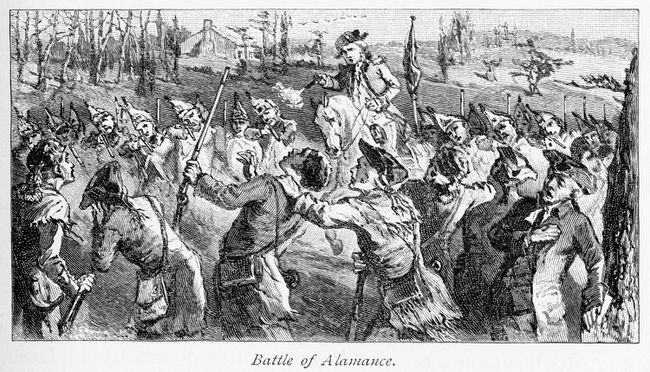 De milities van gouverneur Tryon schieten op de regelgevers tijdens de Slag om Alamance, de laatste slag van de Oorlog van de Verordening.