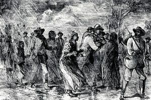 Artist's afbeelding van slaven die uit Maryland ontsnappen via de Underground Railroad