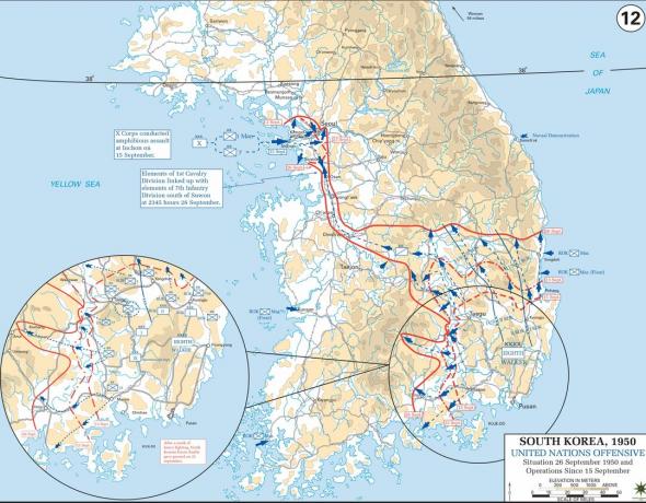 Kaart van Inchon Invasion en Pusan ​​Perimeter Breakout