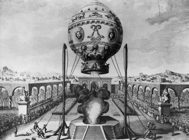 De beklimming van de luchtballon ontworpen door Joseph Michel Montgolfier