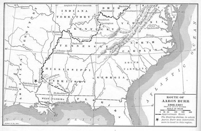 Kaart illustreert de geschatte route van de voormalige Amerikaanse vice-president Aaron Burr tijdens zijn reis langs de rivier de Mississippi in wat bekend werd als de Burr-samenzwering in 1806-1807