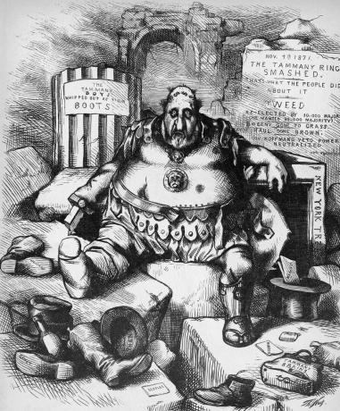 Thomas Nast-cartoon met een verslagen Boss Tweed in november 1871
